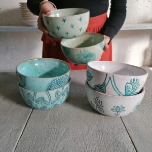 GREEN AQUAMARINE WHITE BOWL h8cm set of 6