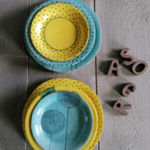 SET OF 2 PLACE SETTINGS AQUAMARINE/YELLOW dinner ø27cm - soup ø22cm - side ø19cm