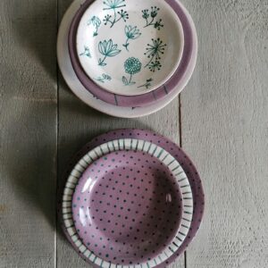 SET OF 2 PLACE SETTINGS WHITE/LILAC dinner ø27cm - soup ø22cm - side ø19cm